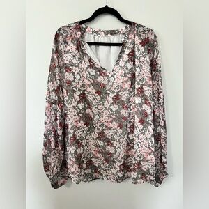 Floral V-Neck Blouse - Pink and Gray